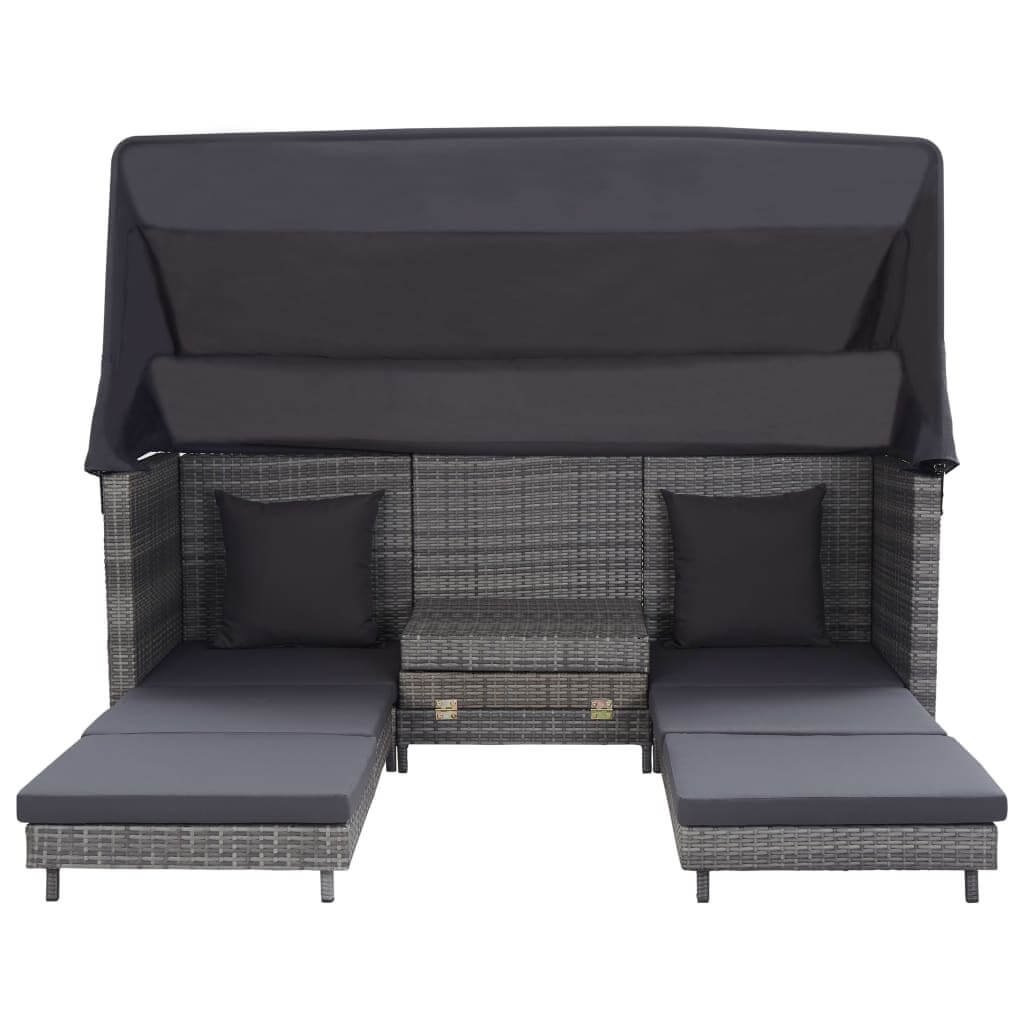 Extendable 3-Seater Sofa Bed with Roof Poly Rattan Grey