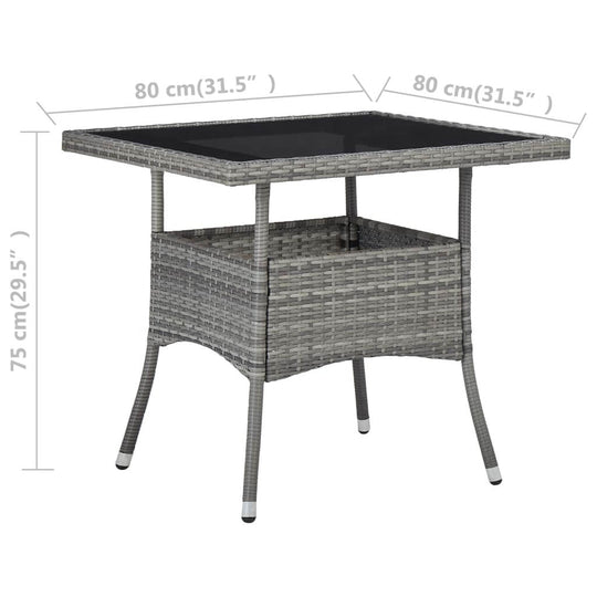 Outdoor dining table in grey poly rattan and glass, perfect for patio, accommodating up to 4 people.