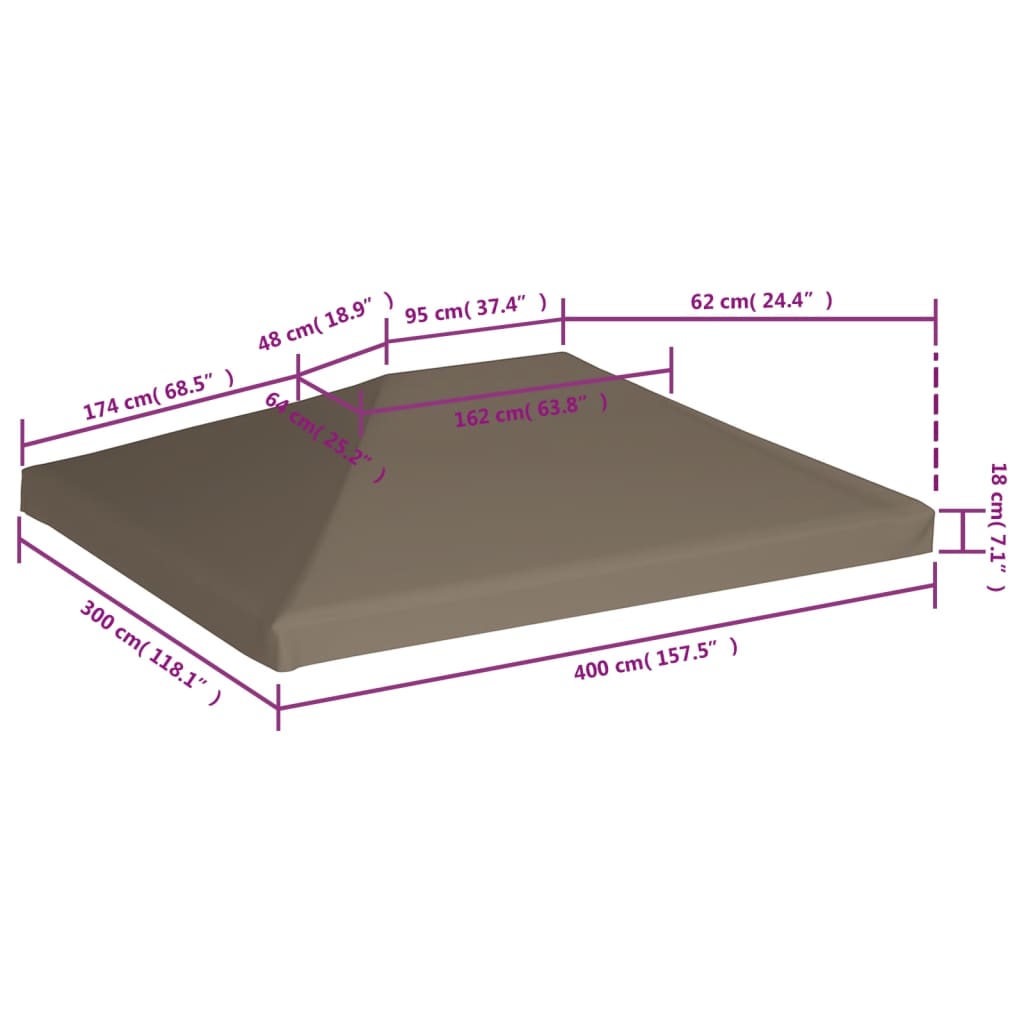 Gazebo top cover dimensions in taupe, 3x4 m, waterproof polyester with reinforced corners for outdoor furniture protection.