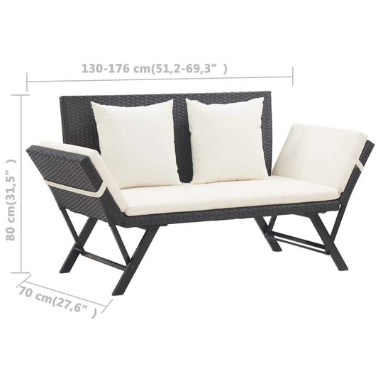 Garden Bench with Cushions 176 cm  Poly Rattan dimensions with soft cushions and weather-resistant design.