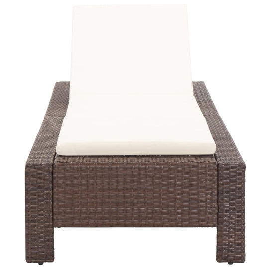 Sunbed with Cushion – Comfortable Poly Rattan Outdoor Lounger in brown wicker and cream cushion for patio or pool relaxation.
