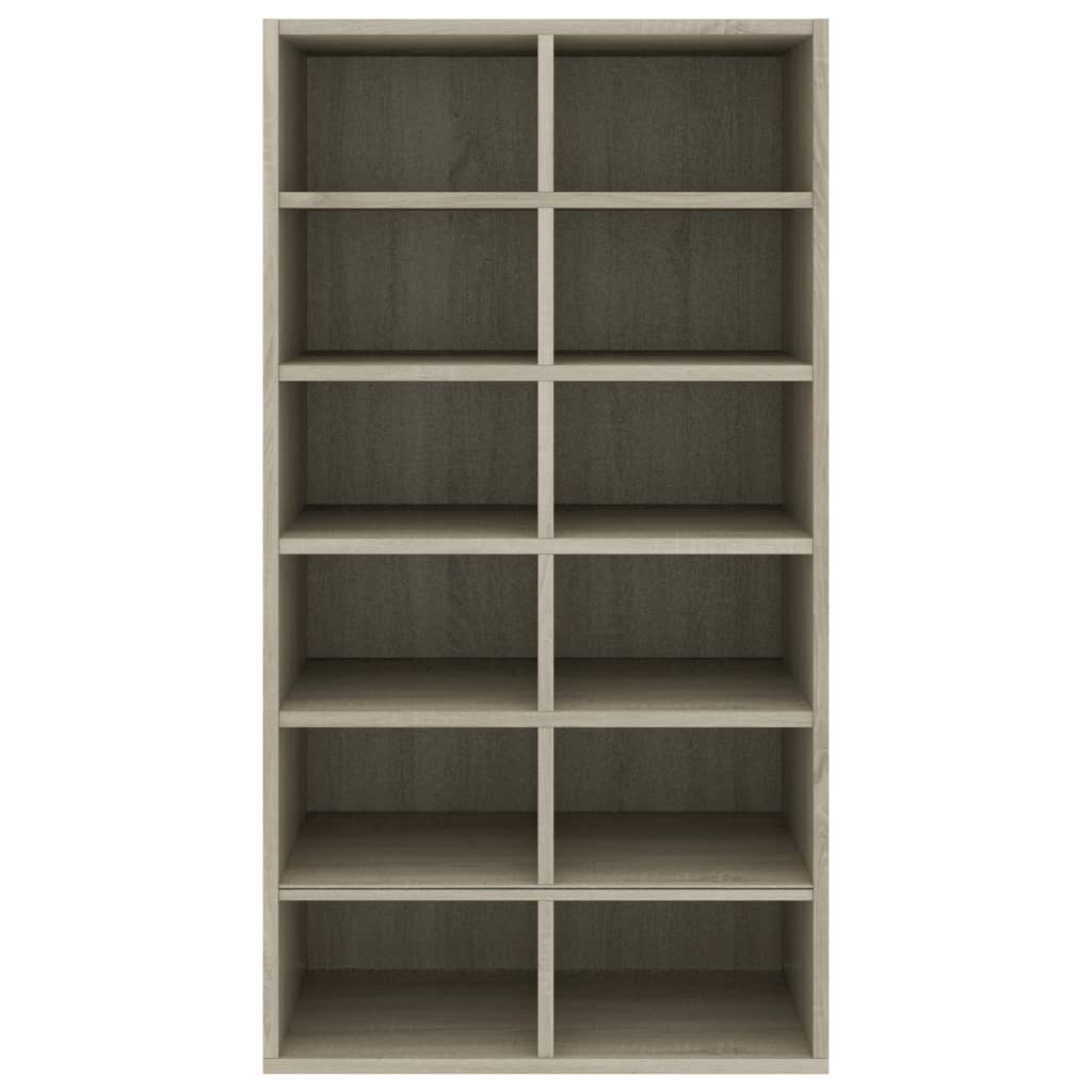 Shoe rack in Sonoma Oak finish with 12 compartments for organized storage of shoes and collectibles, made from durable engineered wood.