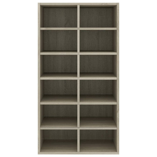 Shoe rack in Sonoma Oak finish with 12 compartments for organized storage of shoes and collectibles, made from durable engineered wood.