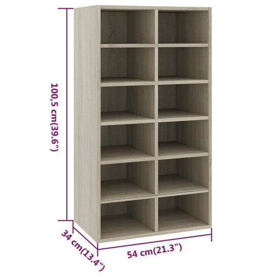 Shoe rack in Sonoma oak finish with 12 compartments, dimensions 54x34x100.5 cm; ideal for organizing shoes and storage items.