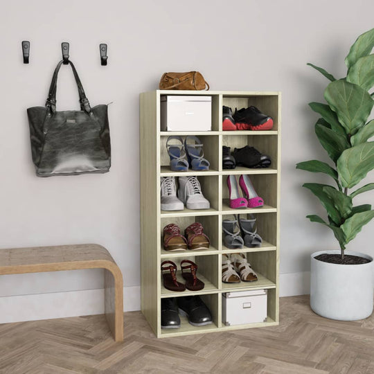 Shoe rack in Sonoma oak finish with 12 compartments, shoes and bags organized, suitable for indoor storage and furniture.