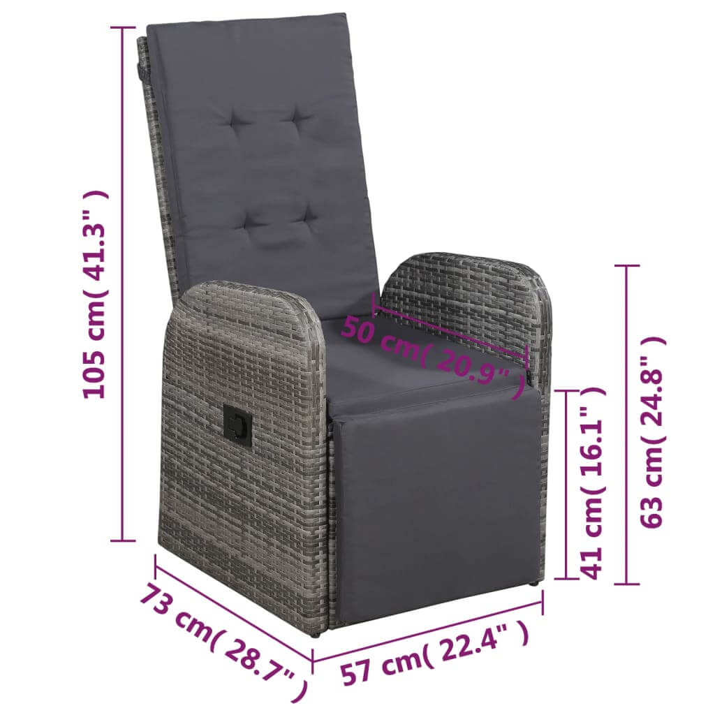 Adjustable grey poly rattan armchair dimensions for outdoor bistro set, featuring reclining backrest and comfortable cushions.