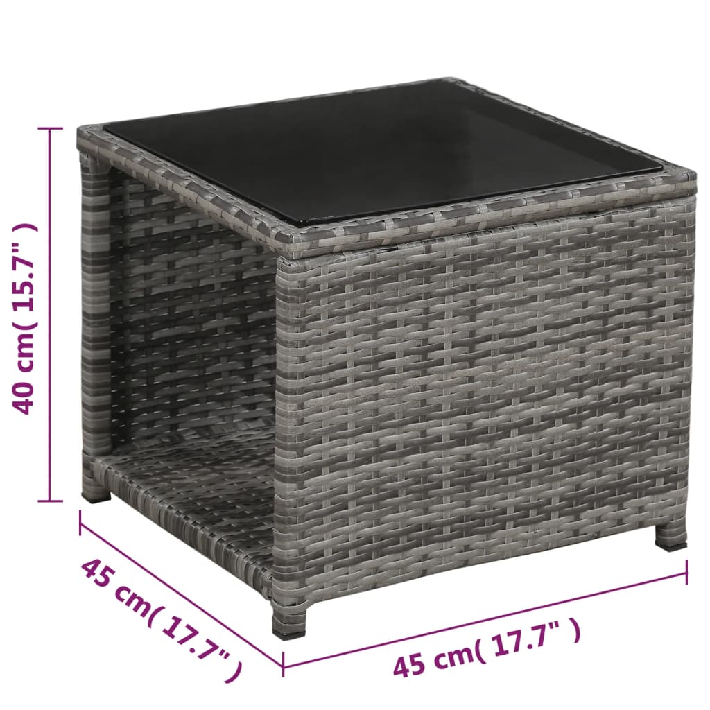 Grey poly rattan side table with glass top, 40cm height and 45cm width, perfect for outdoor bistro set.