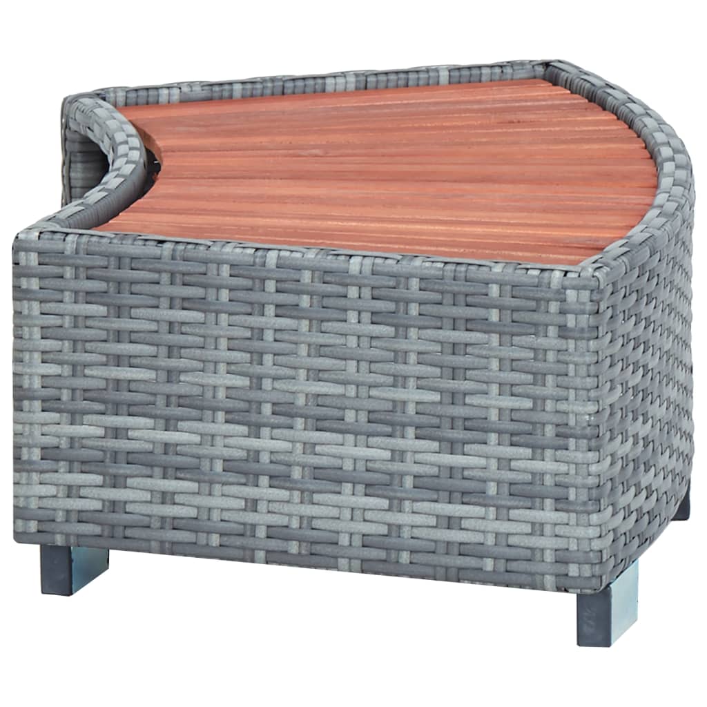 Stylish grey poly rattan spa step with a eucalyptus hardwood top, perfect for stability and durability by hot tubs.