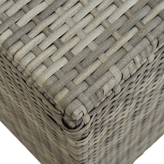 Close-up of grey poly rattan weave on outdoor storage box, showcasing durable and weather-resistant design for furniture.