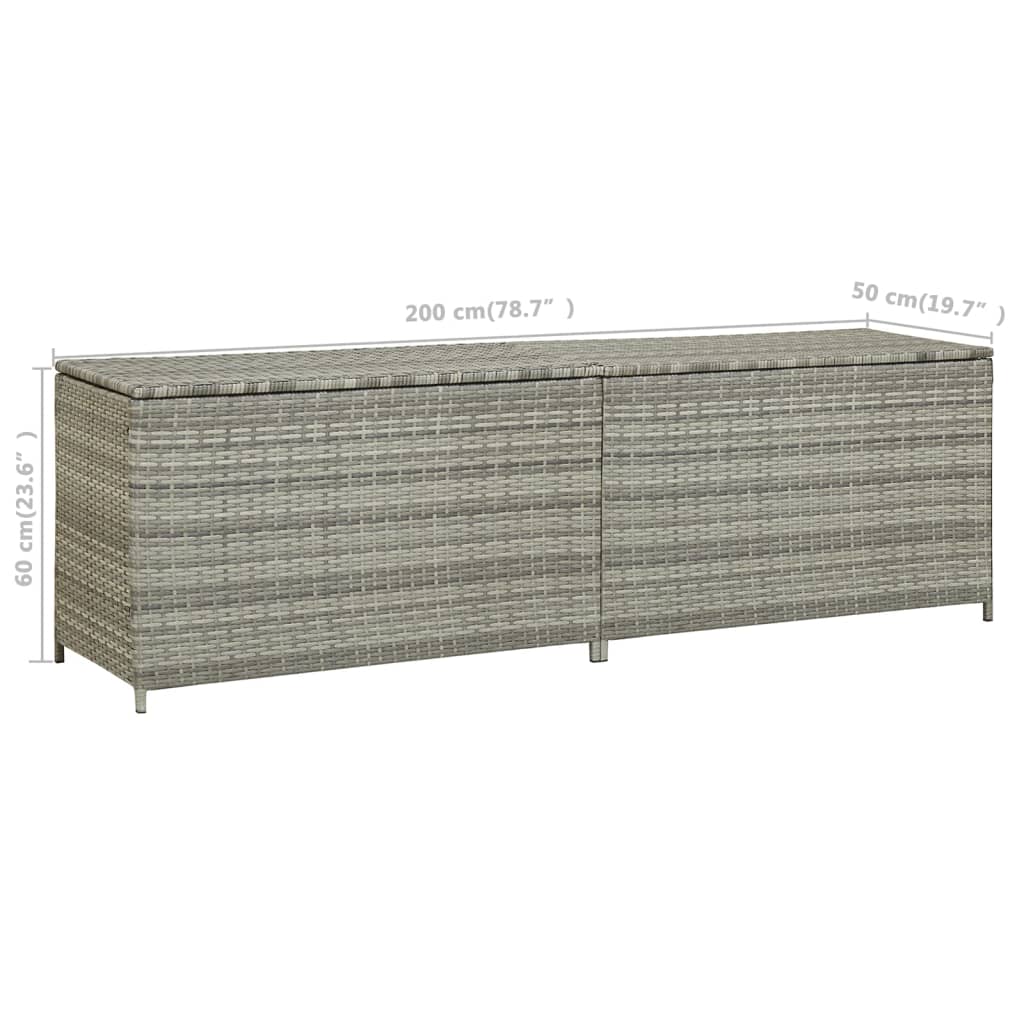 Grey poly rattan garden storage box with dimensions 200x50x60 cm, perfect for outdoor furniture and versatile storage.