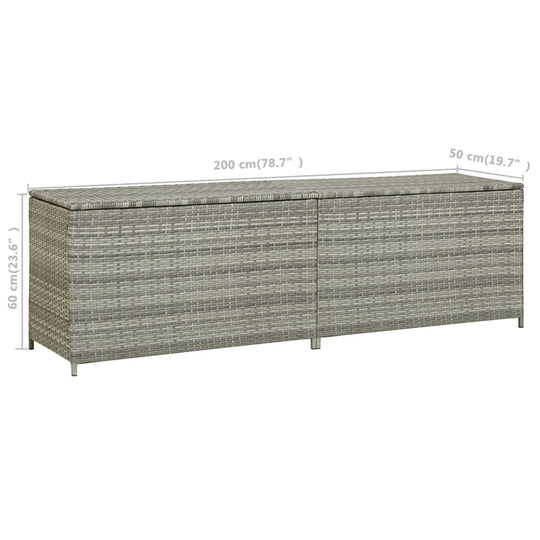 Grey poly rattan garden storage box with dimensions 200x50x60 cm, perfect for outdoor furniture and versatile storage.