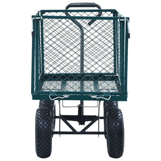 Green garden hand trolley with heavy-duty steel frame and sturdy wheels, ideal for transporting up to 350 kg of gardening materials.