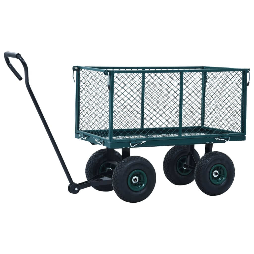 Green garden hand trolley with steel construction, four wheels, and removable side panels for easy loading. Maximum load 350 kg.