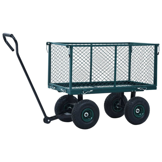 Green garden hand trolley with steel construction, four wheels, and removable side panels for easy loading. Maximum load 350 kg.