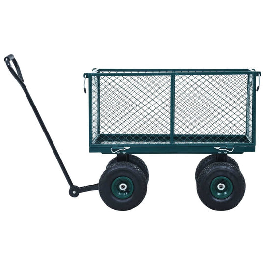 Green garden hand trolley with heavy-duty steel frame and large wheels, designed for transporting up to 350 kg of outdoor materials.