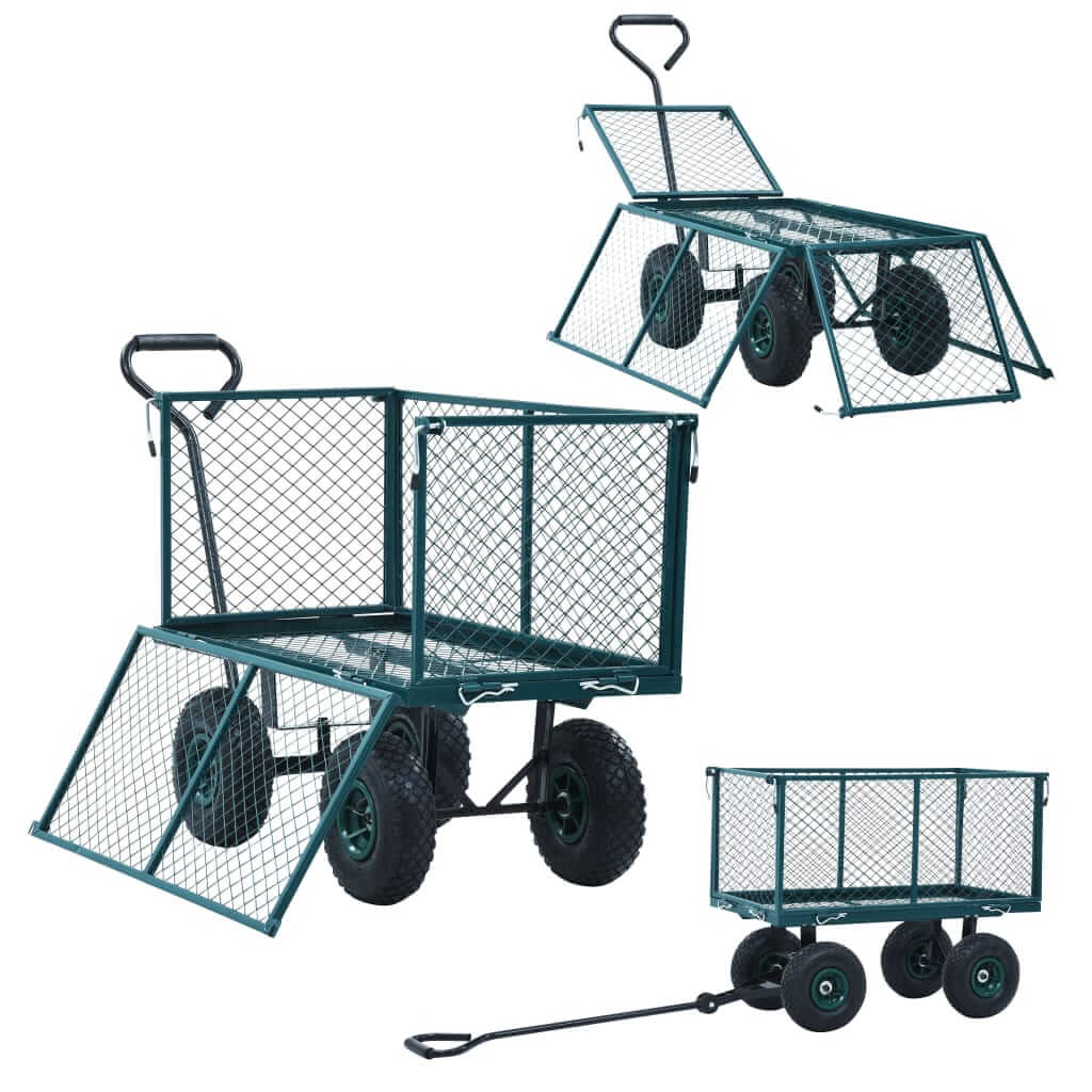 Green garden hand trolley with heavy-duty steel construction, featuring quick-release sides and 350 kg capacity for versatile outdoor use.