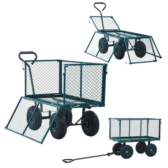 Green garden hand trolley with heavy-duty steel construction, featuring quick-release sides and 350 kg capacity for versatile outdoor use.