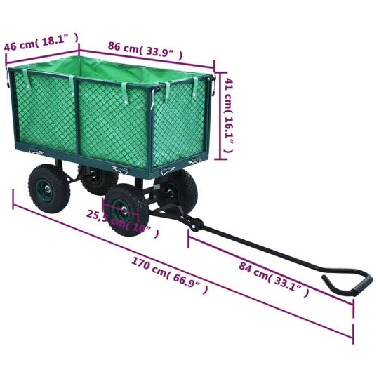 Garden hand trolley with green mesh sides, durable steel frame, and dimensions marked for easy handling and loading.