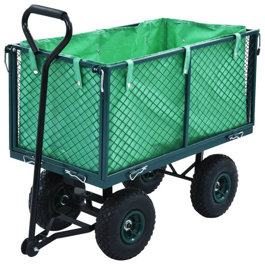 Green garden hand trolley made of steel, showcasing a durable design with a 350 kg load capacity for gardening tasks.