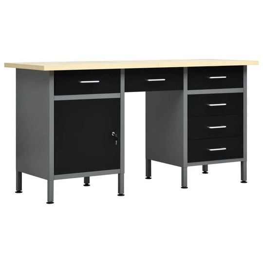 Heavy duty black workbench with wooden tabletop, six drawers, and storage cabinet, ideal for workshop and garage use.