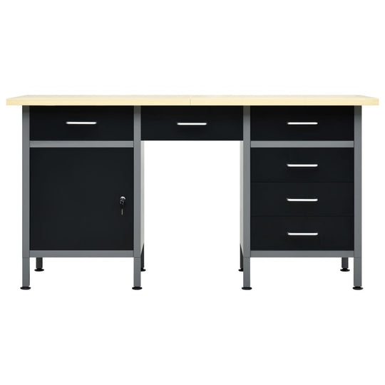 Heavy duty black workbench with wooden top, six drawers, and storage cabinet, ideal for workshops and garages.