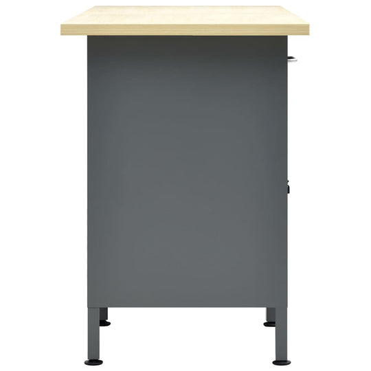 Heavy duty gray steel workbench with wooden top, ideal for workshops and garages, featuring ample storage and stability.