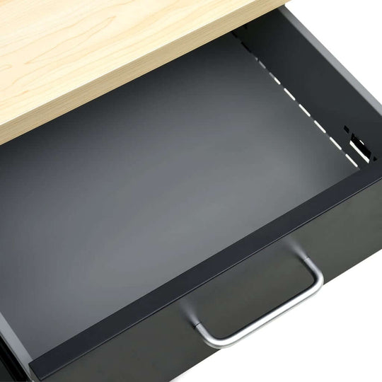 Black workbench drawer with a sturdy handle and wooden tabletop, ideal for organizing tools and accessories.