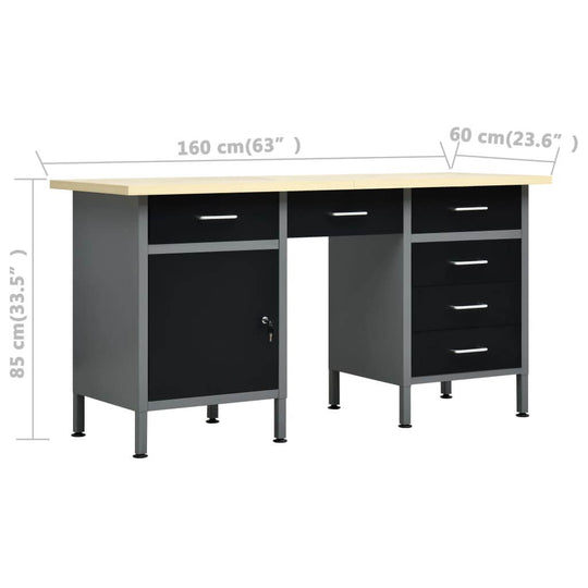 Heavy duty workbench 160x60x85 cm with steel frame, large top, 6 drawers, and ample storage for workshop tools.