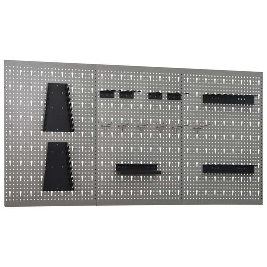 Wall-mounted steel pegboards featuring multiple hooks and shelves for organizing tools in workshops and garages.