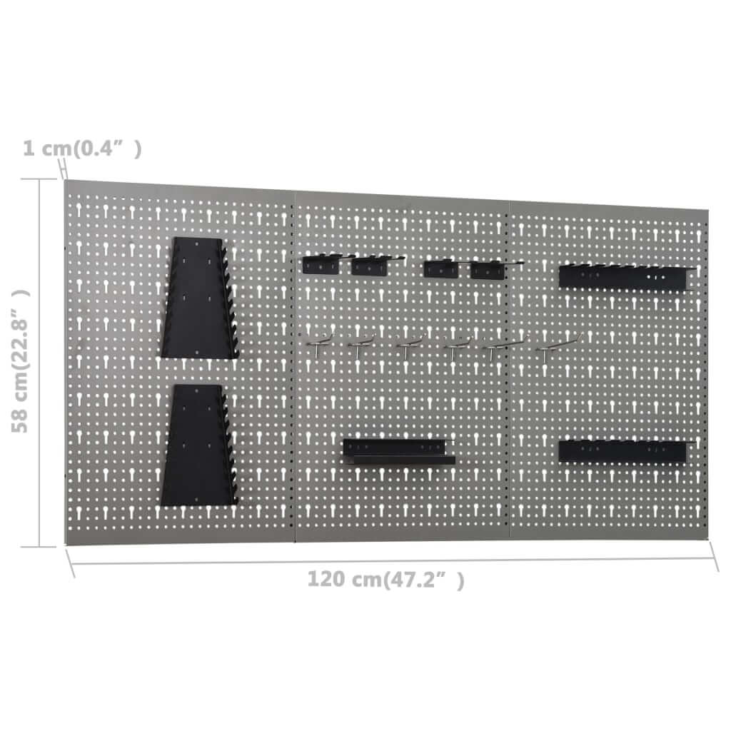 Wall-mounted steel pegboard set showing dimensions, designed for tool organization in workshops and garages.