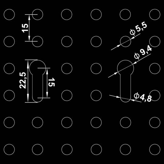 Diagram showing dimensions and perforation layout of a pegboard for tool organization, detail of holes and measurements.