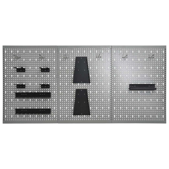 Wall-mounted pegboards set of 3, 40x58 cm, gray steel, designed for organizing tools in workshop or garage.