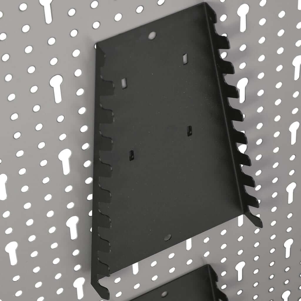 Wall-mounted pegboard accessory for organizing tools, featuring a black steel design with perforated holes for secure fixing.