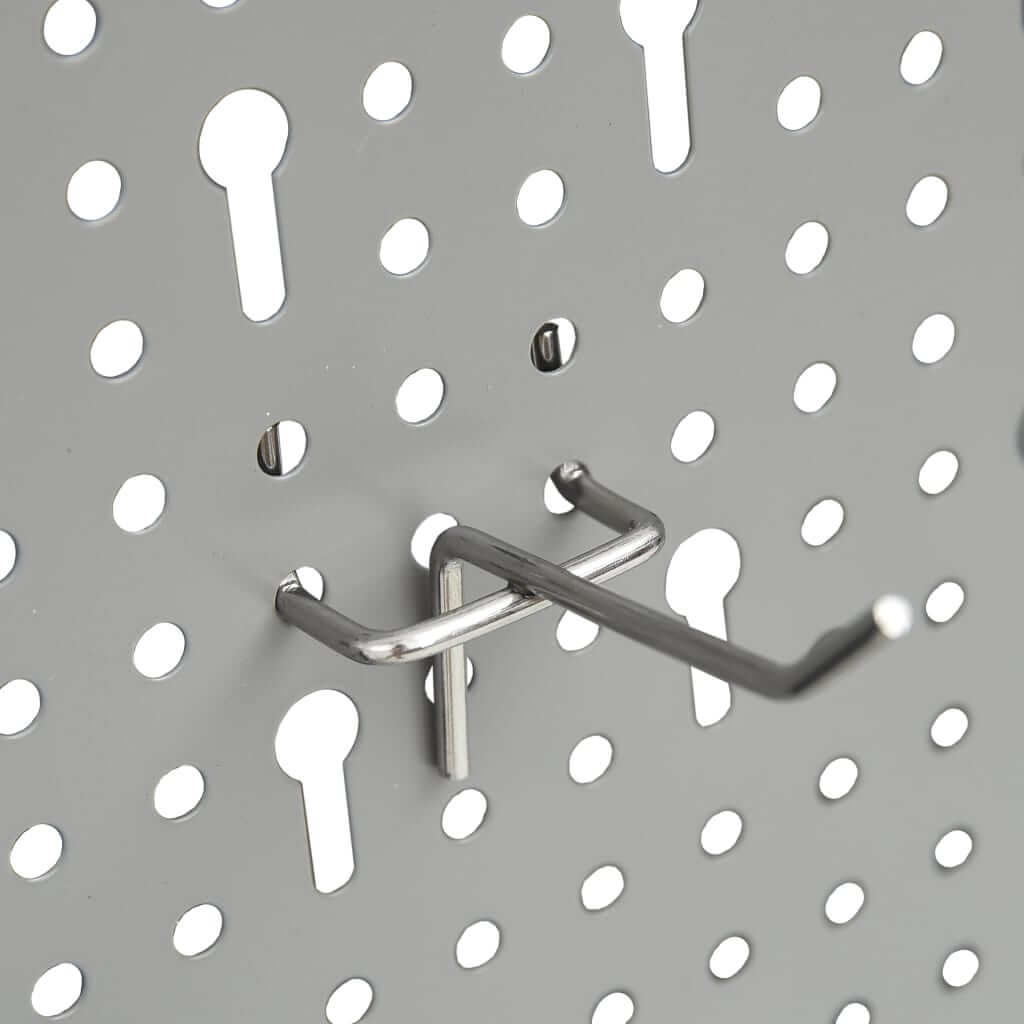 Steel wall-mounted pegboard hook for organizing tools and accessories, designed for durability and easy access.