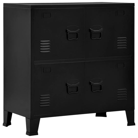 Industrial black storage chest with four doors and steel feet, perfect for organizing home or office essentials.