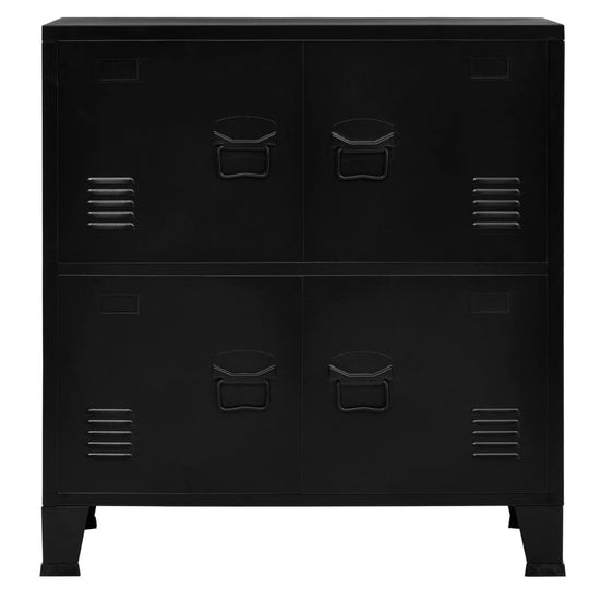 Industrial black storage chest with four doors and ventilation slots, perfect for organizing items in any decor.