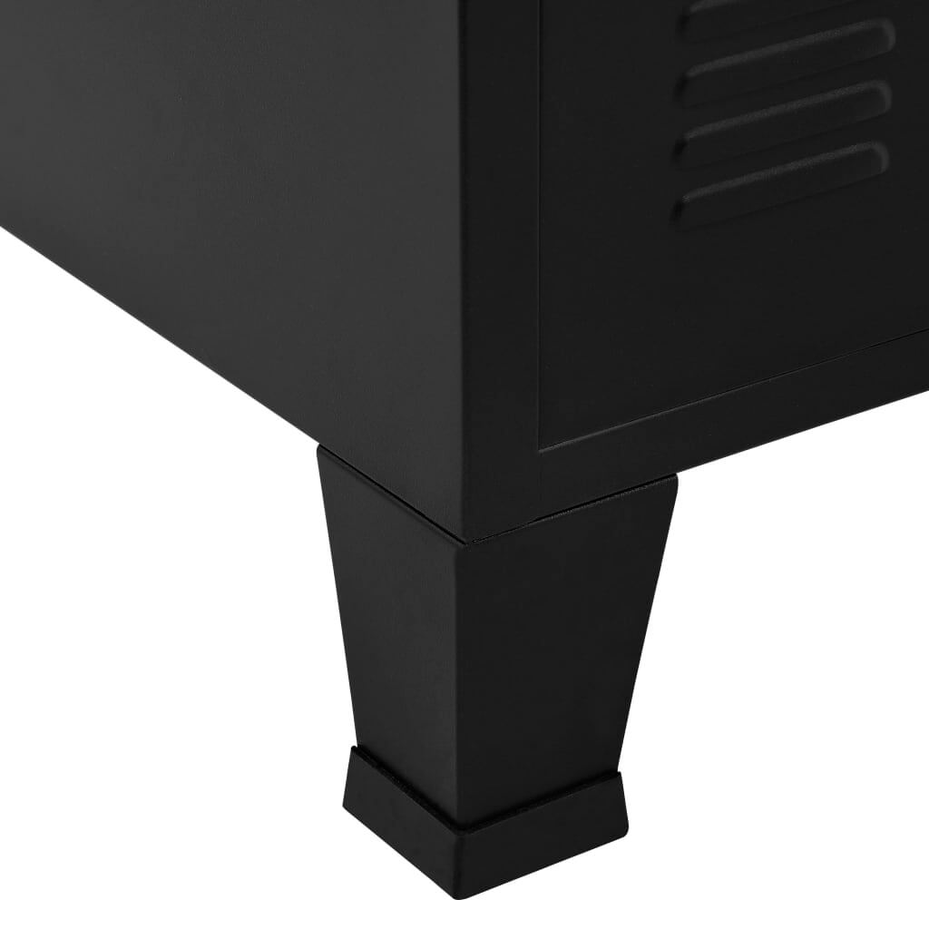 Close-up of black steel storage chest leg design with plastic cover, showcasing industrial style and floor protection features.