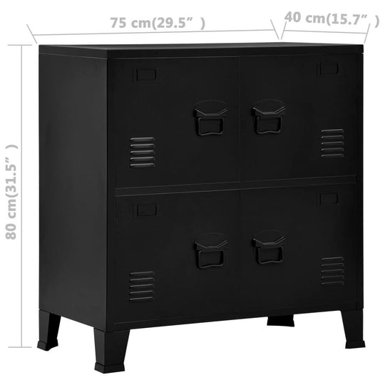 Industrial black storage chest 75x40x80 cm, steel cabinet with four doors and dimensions for organized outdoor furniture.