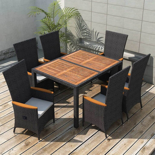 7 Piece Outdoor Dining Set Poly Rattan Acacia Wood Black