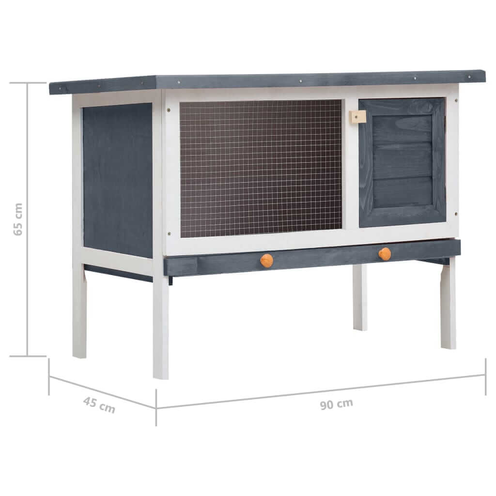 Outdoor rabbit hutch in grey wood, featuring a spacious design and secure wire mesh for small animals, dimensions 90x45x65 cm.