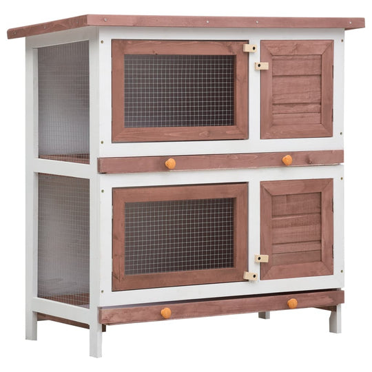 Outdoor brown wood rabbit hutch with four doors, two layers, and wire mesh for pet safety and ventilation.