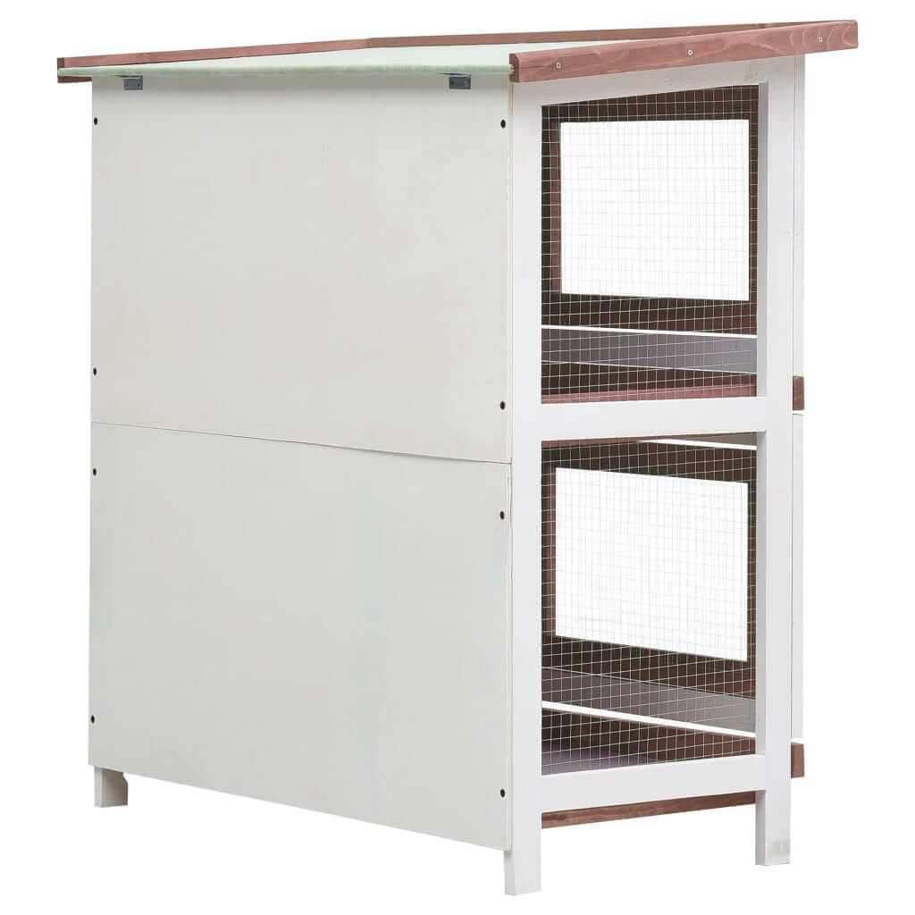 Outdoor rabbit hutch with two layers and four doors made of brown wood for small animals.