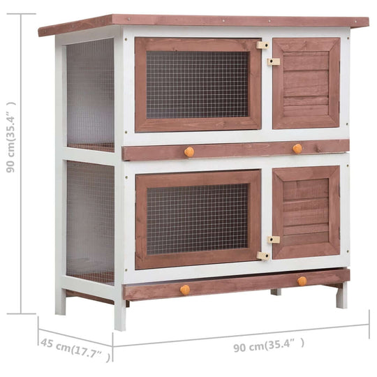 Outdoor rabbit hutch with four doors and two layers, made of brown wood, providing cozy space for small pets.