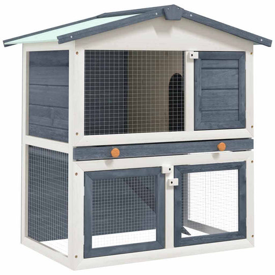 Outdoor rabbit hutch with 3 doors, grey wood, ideal for small animals, featuring secure wire mesh for safety and play.