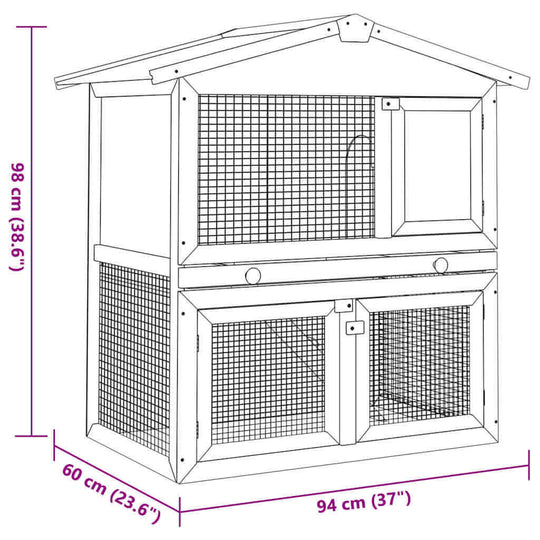 Outdoor rabbit hutch dimensions, showcasing 2-layer structure with 3 doors and tight iron wire mesh for pet safety.