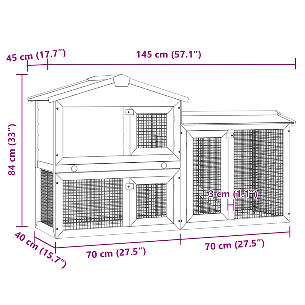 Diagram of Outdoor Large Rabbit Hutch and White 145 x 45 x 84 Wood with dimensions labeled