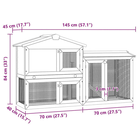 Diagram of Outdoor Large Rabbit Hutch and White 145 x 45 x 84 Wood with dimensions labeled