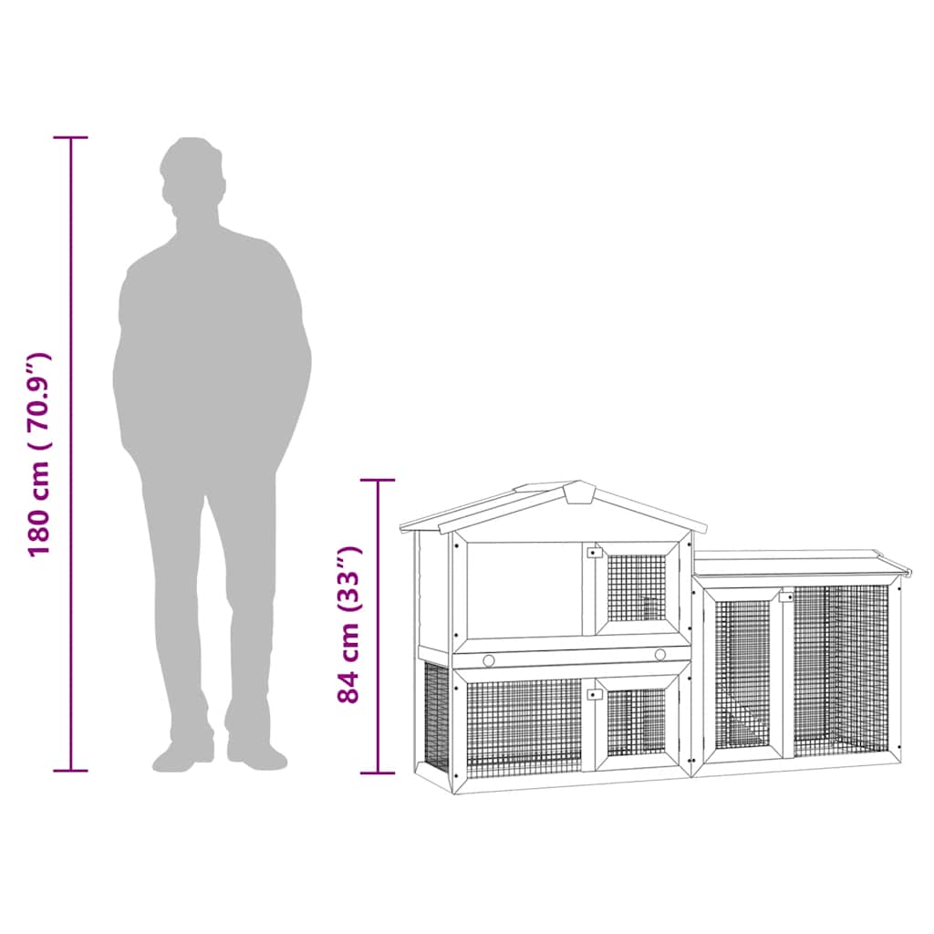 Size comparison of Outdoor Large Rabbit Hutch and White 145 x 45 x 84 Wood next to a 180 cm tall silhouette.