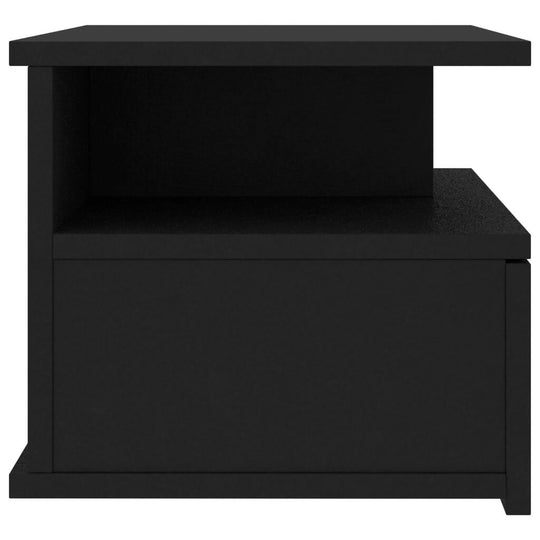 Black floating nightstand with open compartment and drawer, modern engineered wood design for home furniture and small spaces.