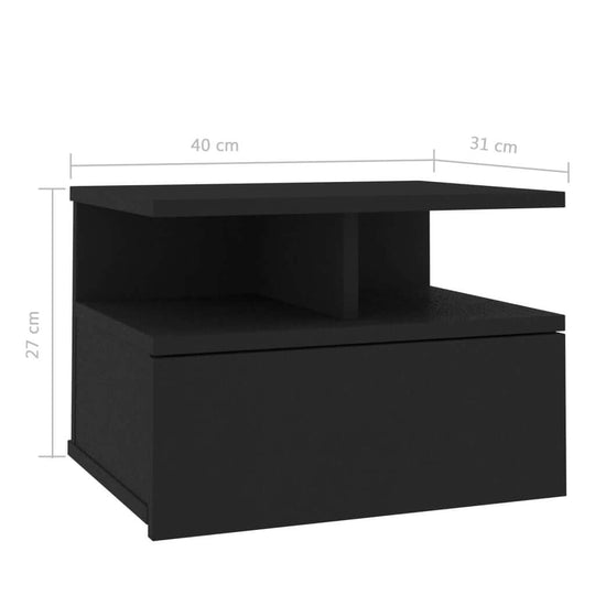 Black floating nightstand with dimensions 40x31x27cm, featuring an open compartment and drawer, ideal for home and garden furniture.